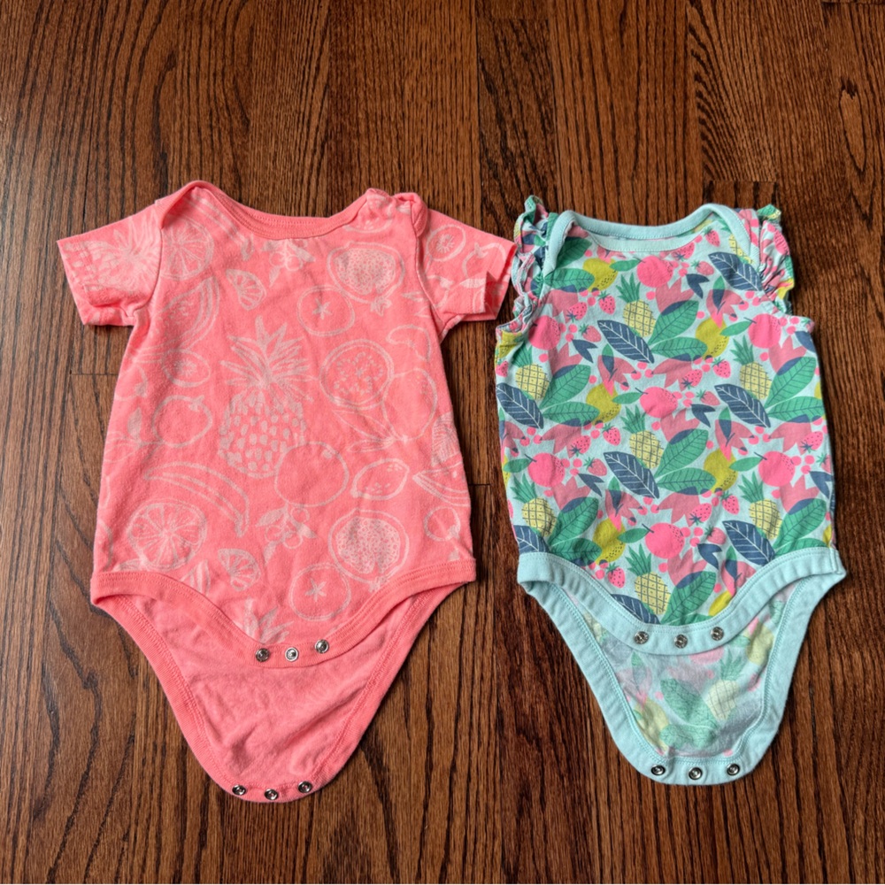 2 Pair Baby Girl Fun Summer Bodysuits - Size 3-6 months